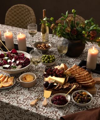 mcgee & co thanksgiving table with tablecloth and foliage