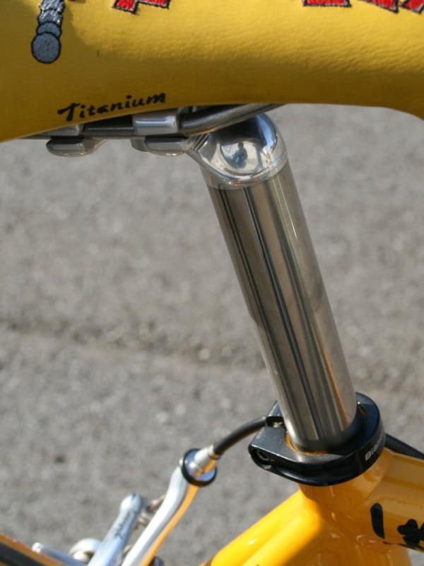 The titanium mast on the Campagnolo Record seatpost is topped by an elegant setback forged alloy head.