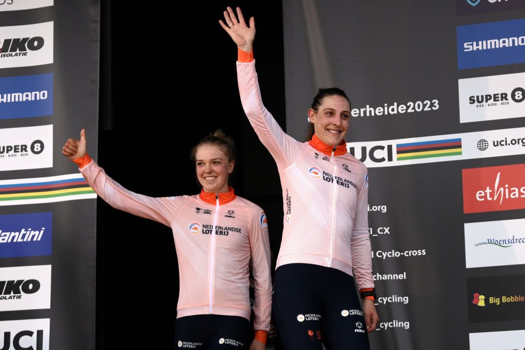 HOOGERHEIDE NETHERLANDS FEBRUARY 04 Gold medalist Fem van Empel of The Netherlands and bronze medalist Lucinda Brand of The Netherlands pose on the podium during the medal ceremony after the 74th World Championships CycloCross 2023 Womens Elite CXWorldCup Hoogerheide2023 on February 04 2023 in Hoogerheide Netherlands Photo by David StockmanGetty Images