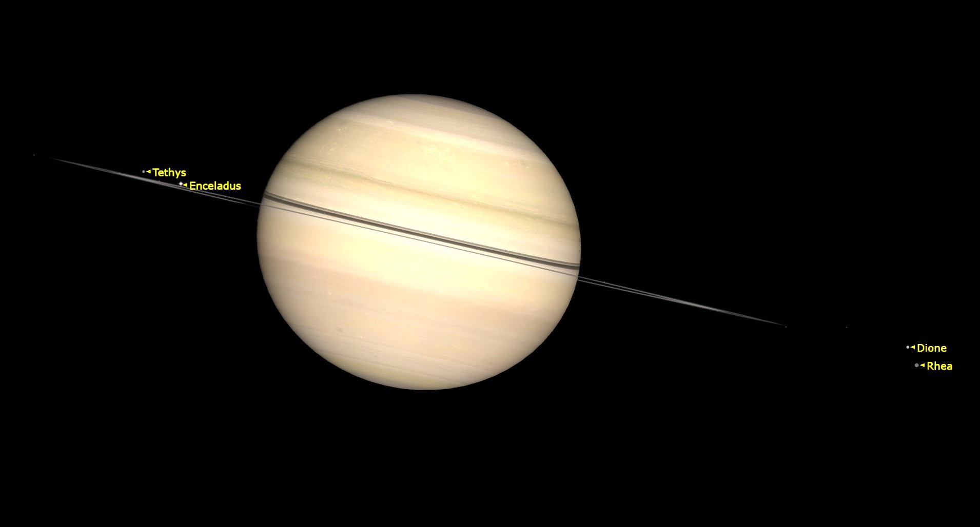 A close up of Saturn in space with labeled moons like Tethys and Enceladus