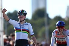 Dutch Fem Van Empel pictured as she crosses the finish line of the women's elite race at the cyclocross cycling event in Benidorm, Spain, , stage 12/14 in the UCI World Cup competition.
BELGA PHOTO DAVID PINTENS (Photo by DAVID PINTENS / BELGA MAG / Belga via AFP)