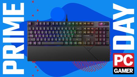 An Asus ROG Strix Scope II RX sat floating in PC Gamer's Prime Day deals background
