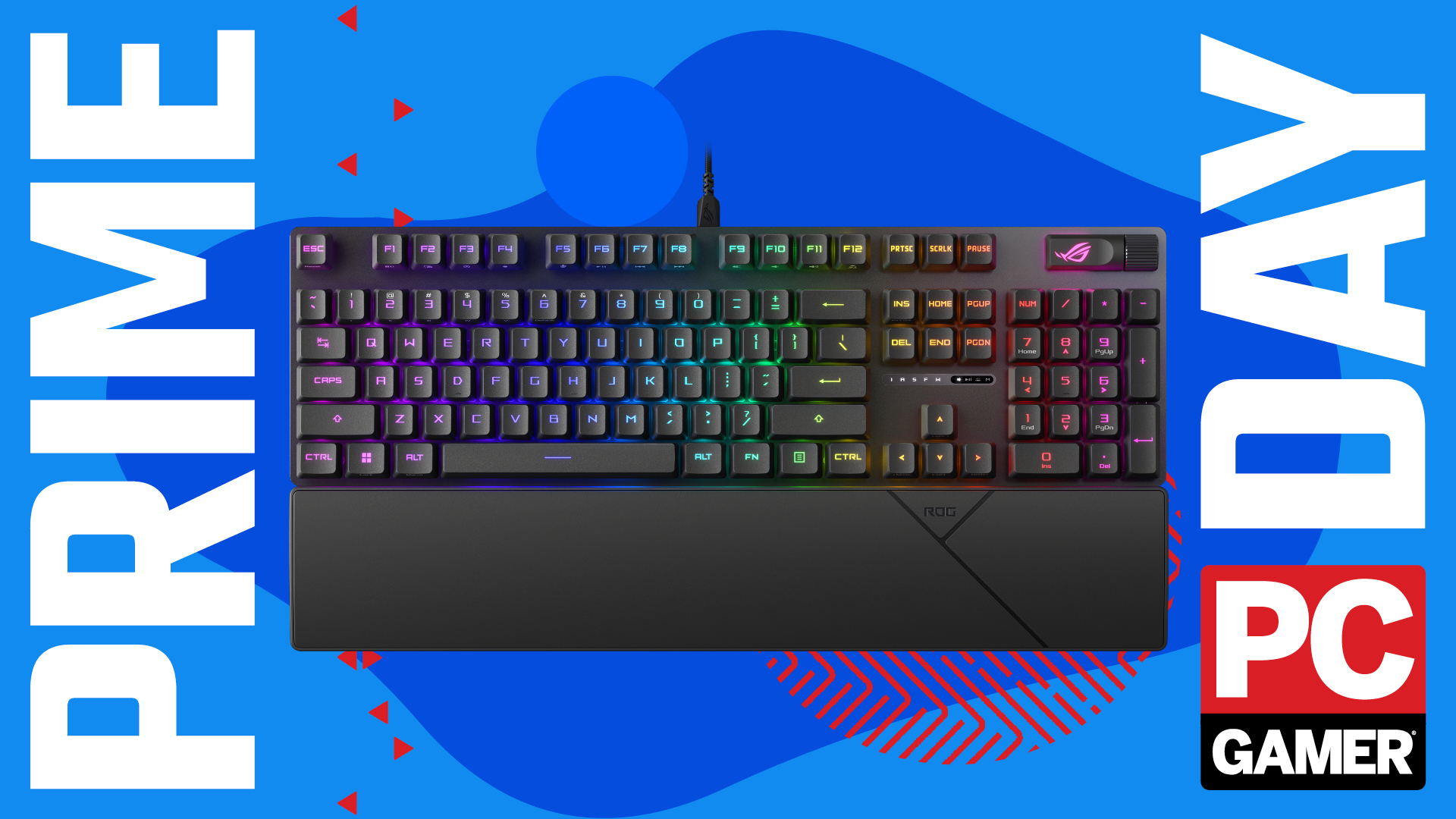 An Asus ROG Strix Scope II RX sat floating in PC Gamer's Prime Day deals background