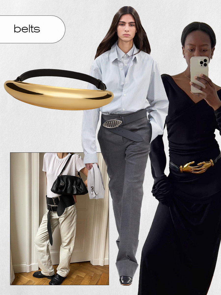 A collage of runway and Instagram imagery of people wearing sculptural or statement belts