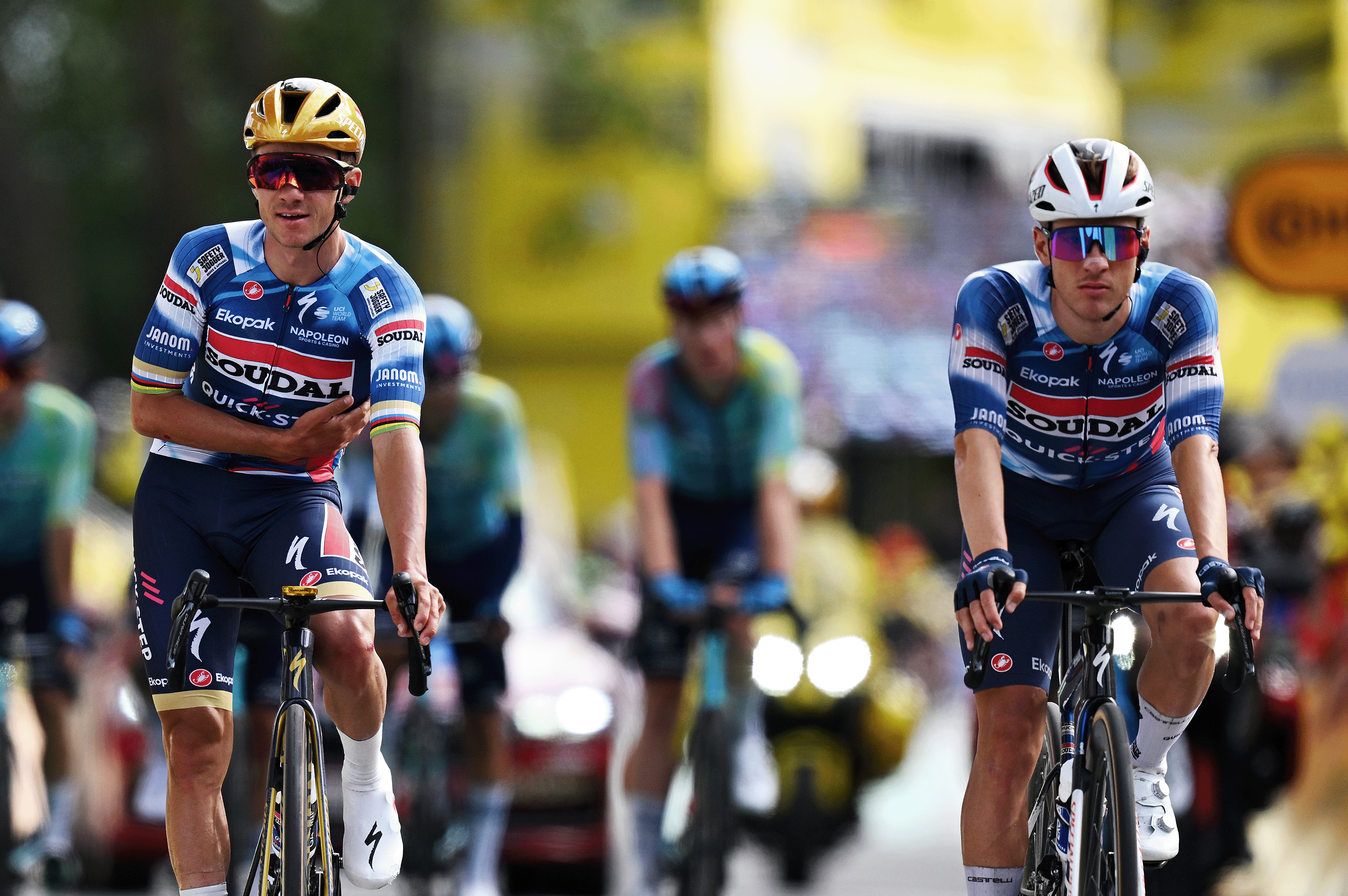 DUNKERQUE, FRANCE - JULY 07: (L-R) Mattia Cattaneo of Italy, Remco Evenepoel of Belgium and Ilan Van Wilder of Belgium and Team Soudal Quick-Step cross the finish line during the 112th Tour de France, Stage 3 a 178.3km stage from Valenciennes to Dunkerque / #UCIWT / on July 07, 2025 in Dunkerque, France. (Photo by Tim de Waele/Getty Images)