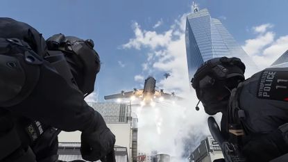 Call of Duty Modern Warfare 4 screenshot from beta weekend 1 trailer showing two soldiers in a city looking up at a large plane firing flares