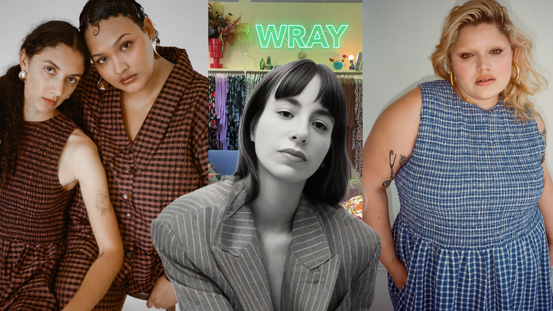 the designer Wray Serna surrounded by models of her clothing
