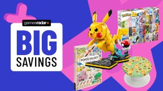 The text 'Big Savings' next to an array of Pokemon merchandise.