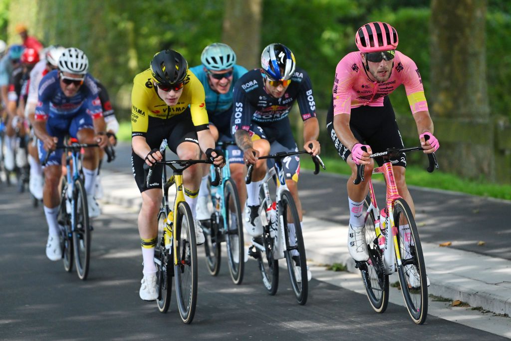 GERAARDSBERGEN BELGIUM SEPTEMBER 01 LR Per Strand Hagenes of Norway and Team Visma Lease A Bike and Jonas Rutsch of Germany and Team EF Education Easypost compete in the breakaway during the 20th Renewi Tour 2024 Stage 5 a 2027km stage from Menen to Geraardsbergen UCIWT on September 01 2024 in Geraardsbergen Belgium Photo by Luc ClaessenGetty Images
