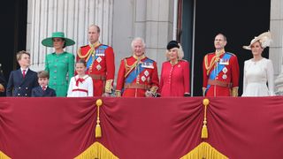 LONDON, ENGLAND - JUNE 17: Prince George of Wales, Prince Louis of Wales, Princess Charlotte of Wales, Catherine, Princess of Wales, Prince William, Prince of Wales, King Charles III, Queen Camilla, Prince Edward, Duke of Edinburgh and Sophie, Duchess of Edinburgh stand on the balcony of Buckingham Palace to watch a fly-past of aircraft by the Royal Air Force during Trooping the Colour on June 17, 2023 in London, England. Trooping the Colour is a traditional parade held to mark the British Sovereign's official birthday. It will be the first Trooping the Colour held for King Charles III since he ascended to the throne.
