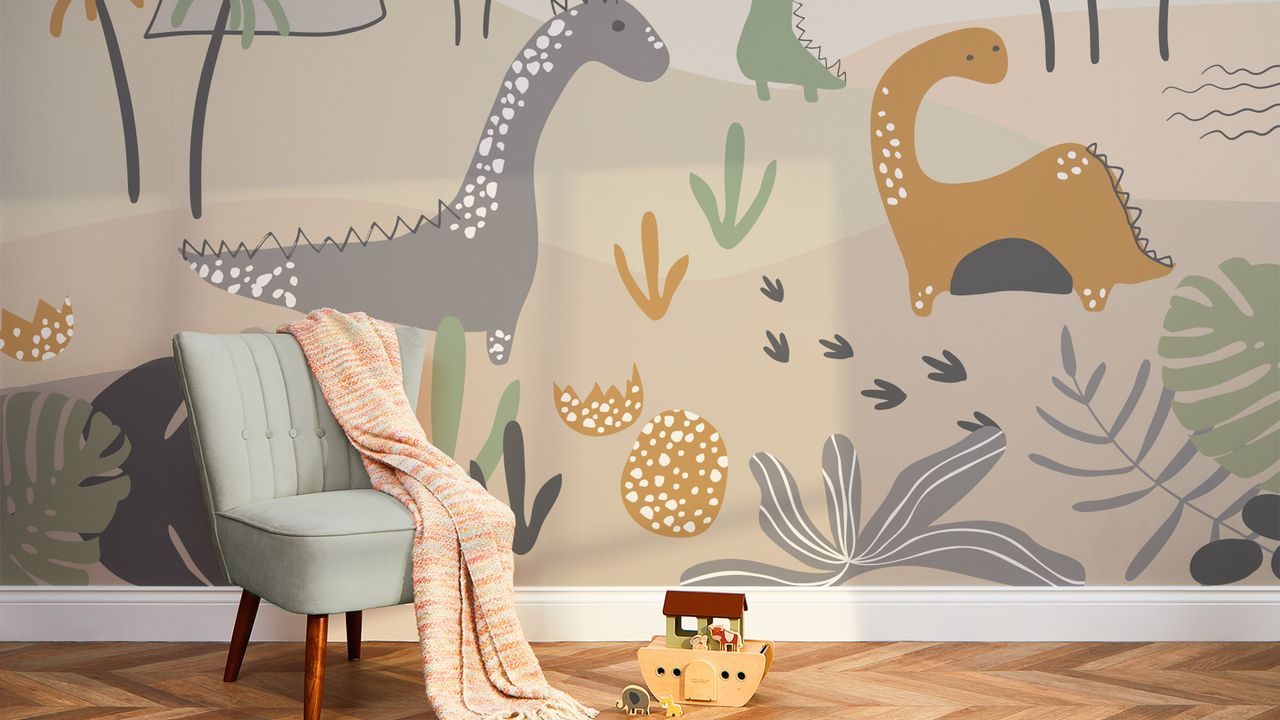 Friendly Dinos Mural in a kids&#039; playroom