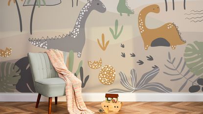 Friendly Dinos Mural in a kids&#039; playroom