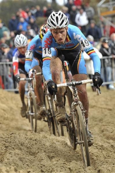 Belgians Tom Meeusen and Jim Aernouts ahead of French rival Arnaud Jouffroy on the sand.