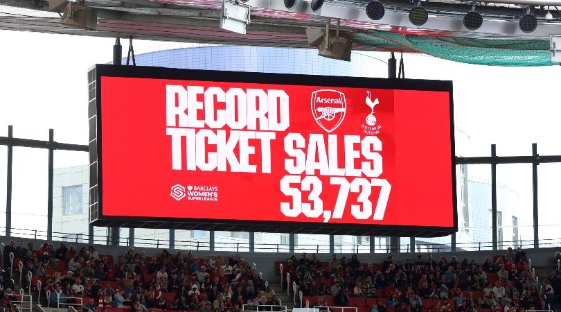 A big screen at the Emirates Stadium shows record tickets sales for the women&#039;s North London derby between Arsenal and Tottenham in the WSL.