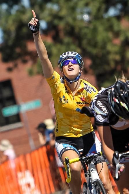 Kristin Mcgrath (Exergy) salutes a fallen friend as she wins the overall in Bend.