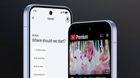 Two smartphones showing Google Gemini and YouTube Premium