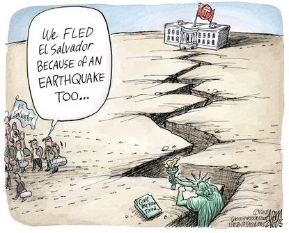 Political cartoon U.S. Trump racist comments El Salvador earthquake