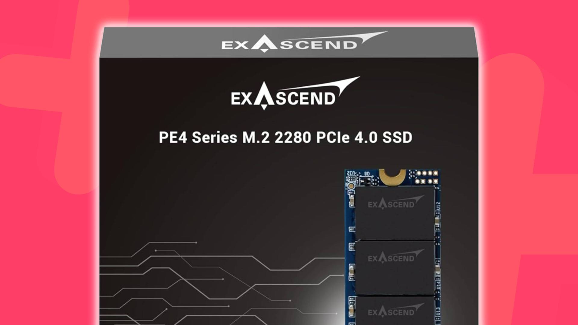Image of the Exascend PE4 SSD sitting on a pink GamesRadar+ background.