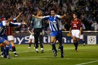 Juan Carlos Valeron celebrates after scoring Deportivo La Coruna's second goal against Milan in the second leg of the 2003/04 Champions League quarter-final