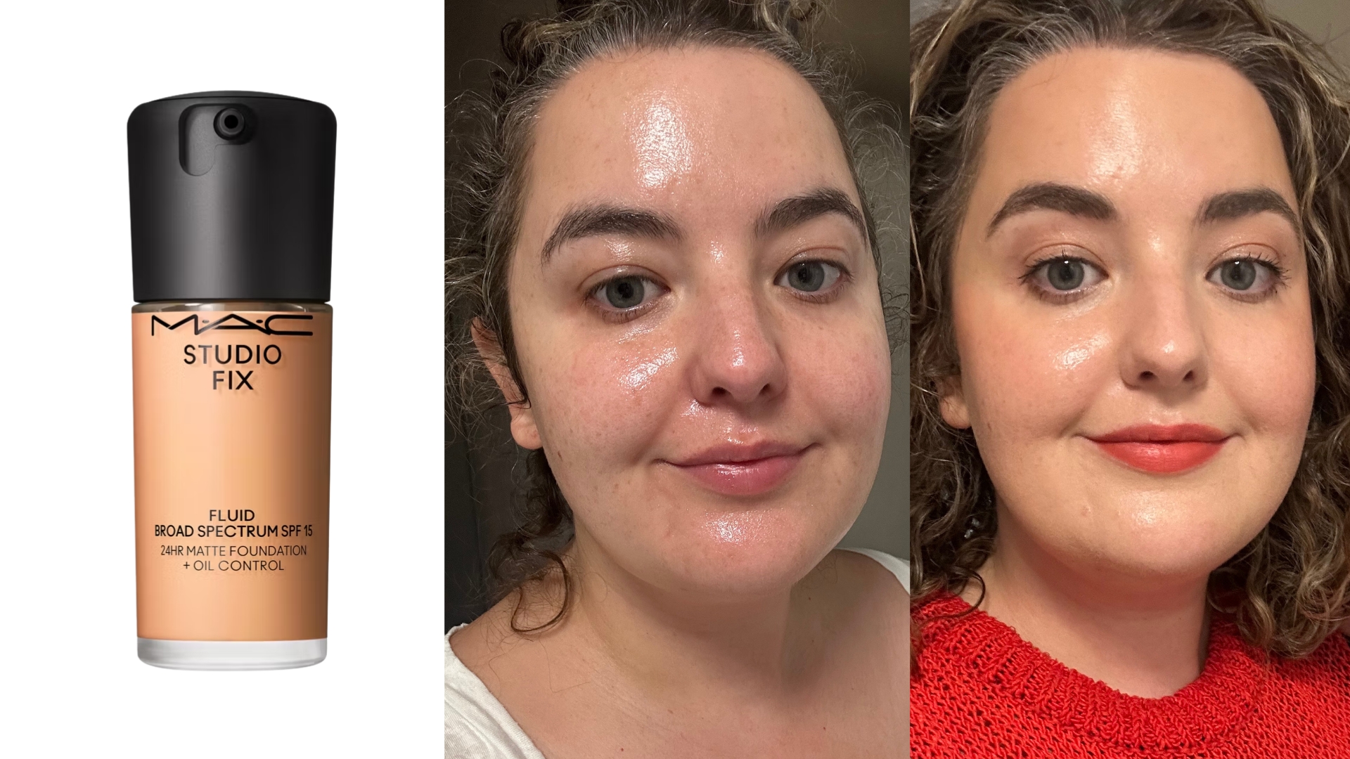 Image of MAC Studio Fix Fluid SPF 15 Foundation, Rhiannon before applying the foundation, Rhiannon after applying the foundation