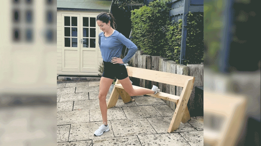 a video of writer Lucy Gornall doing the Bulgarian split squat