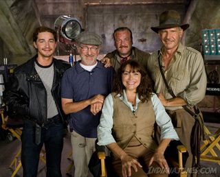 From left Shia LaBeouf, director Steven Spielberg, Ray Winstone, Karen Allen, and Harrison Ford gathered on the set of