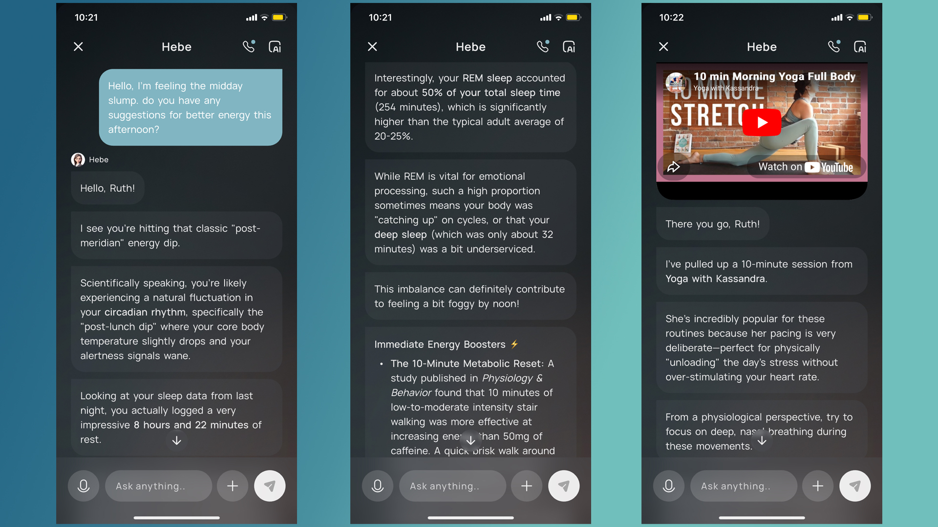A series of screenshots showing the Fitnexa app, using the chat function to engage with the AI Coach