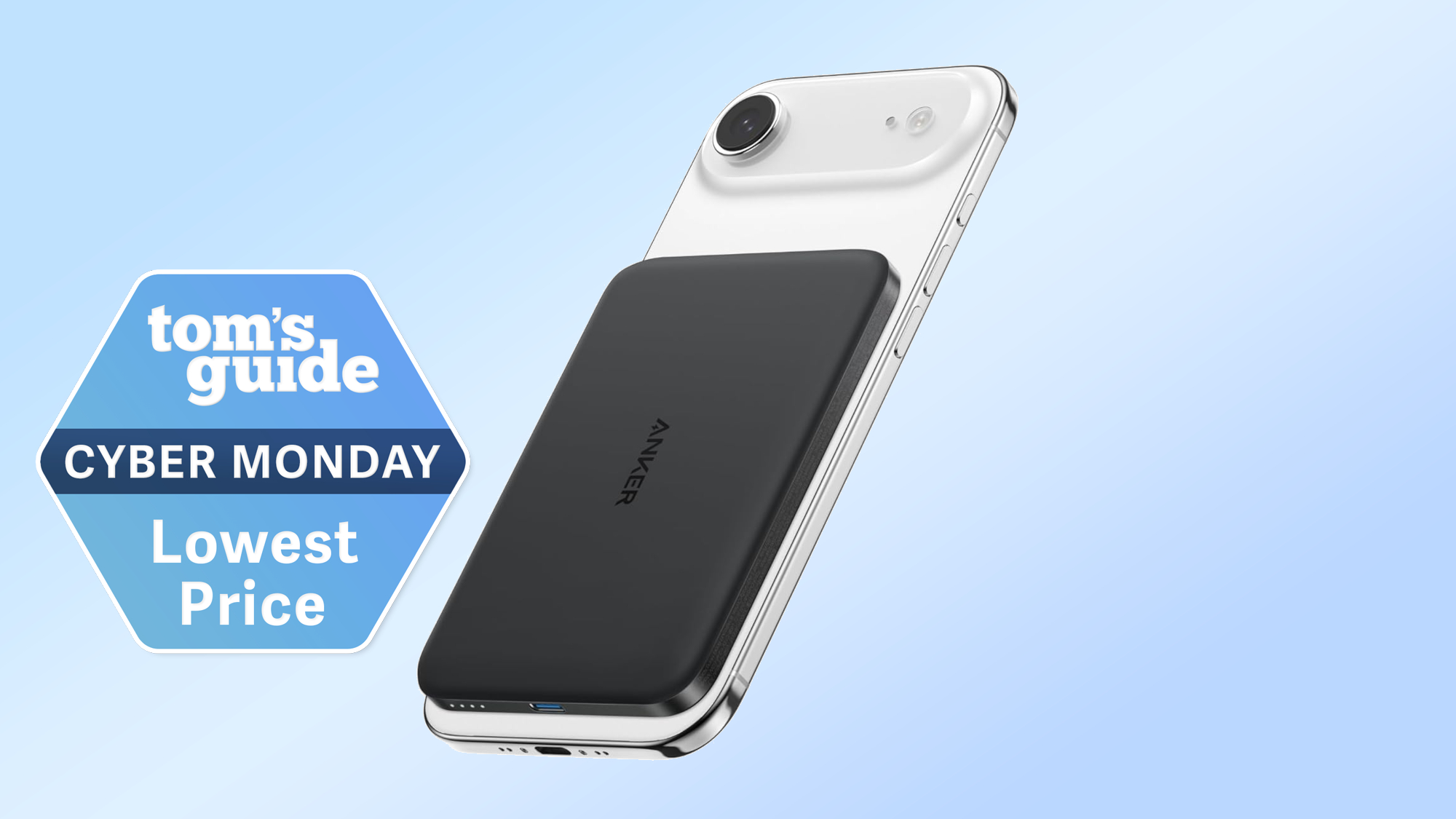Anker Nano Charger on an iPhone with a Tom's Guide Cyber Monday deals badge