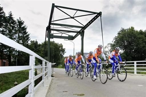 Rabobank leader Robert Gesink and Bram Tankink cycle in front of the Rabobank team during the preparations around Assen.