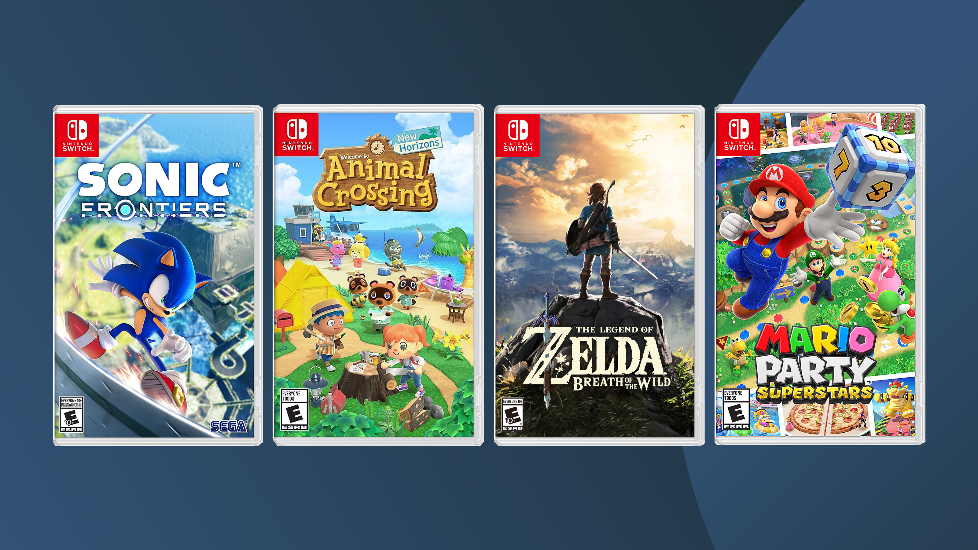 Productfoto's van meerdere Nintendo Switch-games op een donkere achtergrond