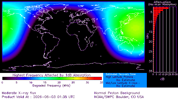 map showing strong radio blackouts on the sunlit portion of Earth at the time of the eruption.