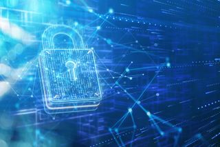 Binary digital security padlock and network data on a huge cyberspace