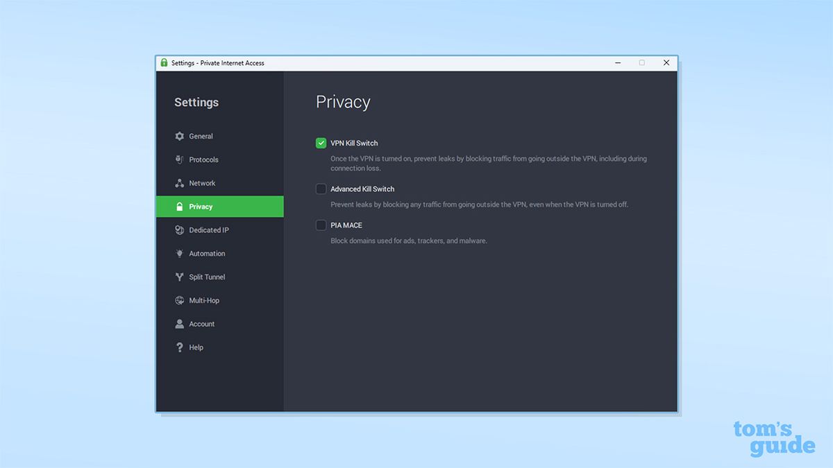 PIA's privacy settings on its Windows app. There are options for VPN kill switch (turned on), advanced kill switch (turned off) and PIA MACE (turned off).