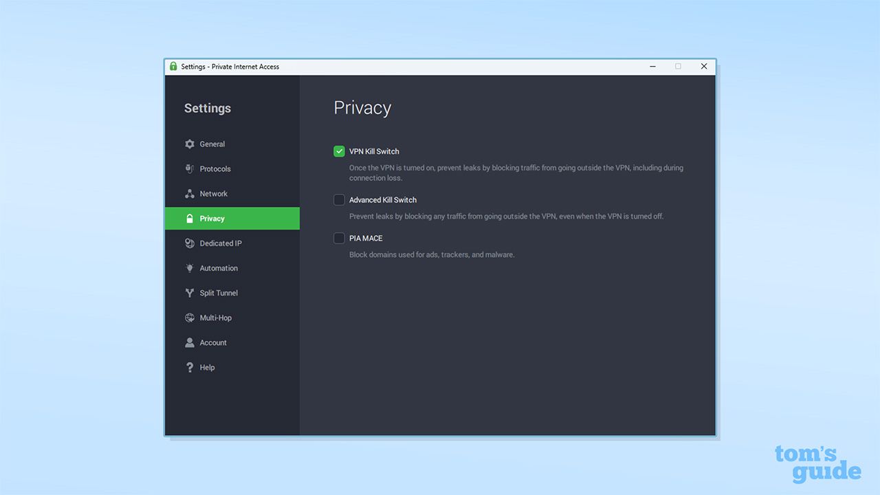PIA's privacy settings on its Windows app. There are options for VPN kill switch (turned on), advanced kill switch (turned off) and PIA MACE (turned off).