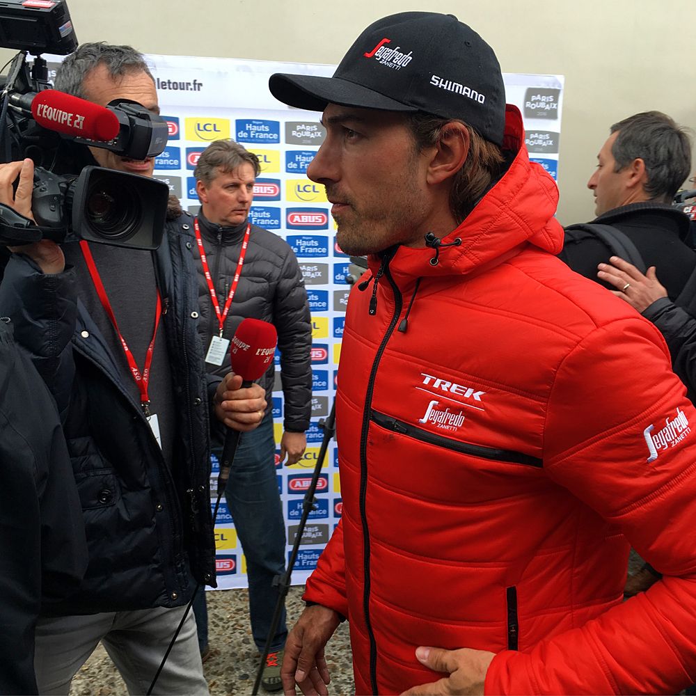 Fabian Cancellara (Trek-Segafredo) speaks with the press at Paris-Roubaix team presentation