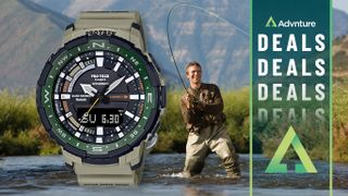 Casio Pro Trek watch superimposed over man fly fishing in river
