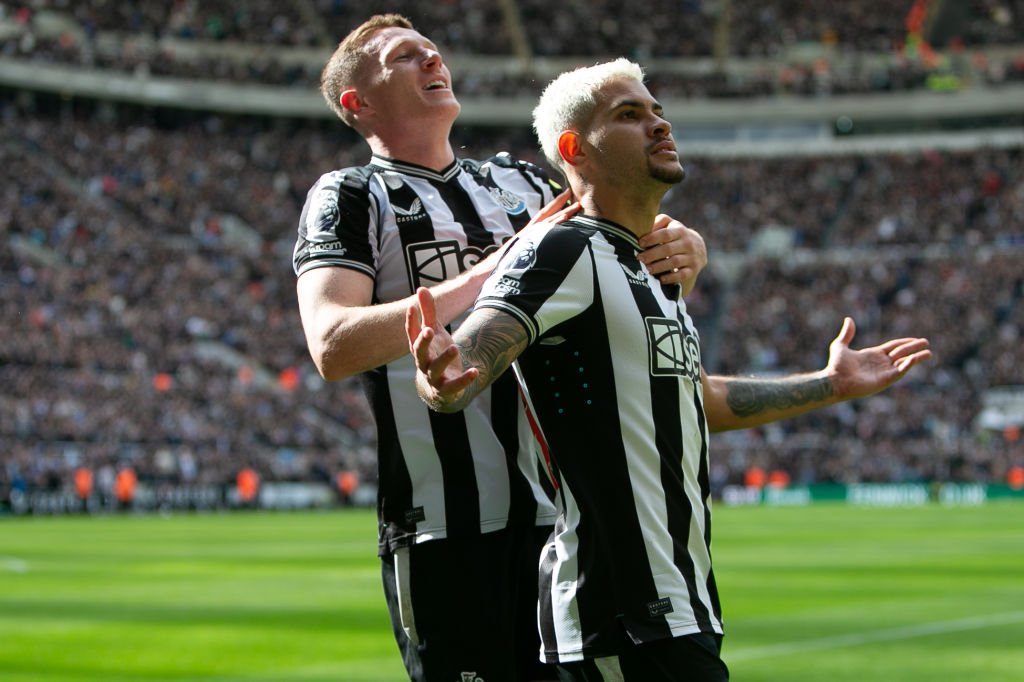 Elliot Anderson (L) of Newcastle United and his teammate Bruno Guimaraes are celebrating Guimaraes's goal during the Premier League match between Newcastle United and Sheffield United at St. James's Park in Newcastle, on April 27, 2024. (Photo by MI News/NurPhoto)