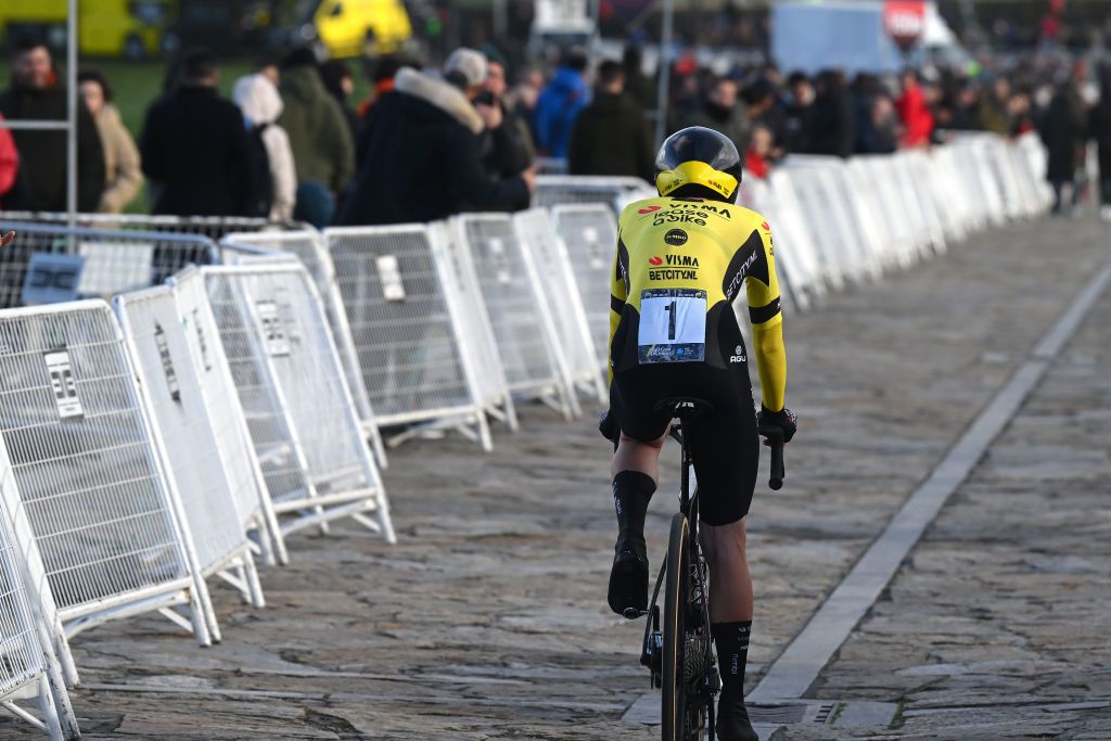 A CORUNA SPAIN FEBRUARY 22 Jonas Vingegaard of Denmark and Team Visma Lease a Bike crosses the finish line during the 3rd O Gran Camio The Historical Route 2024 Stage 1 a 141km individual time trial at stage from A Coruna to A Coruna on February 22 2024 in A Coruna Spain Photo by Dario BelingheriGetty Images