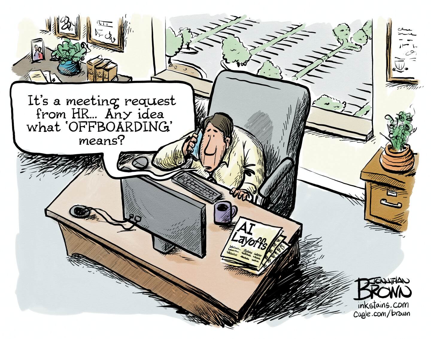 A man sits at a desk in an office. An empty parking lot outside can be seen through a window behind his desk. He has a newspaper on the desk with a headline of &amp;ldquo;AI layoffs.&amp;rdquo; The man looks at his computer and speaks into a phone saying, &amp;ldquo;It&amp;rsquo;s a meeting request from HR&amp;hellip; Any idea what &amp;lsquo;offboarding&amp;rsquo; means?&amp;rdquo;