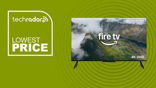 The Amazon Fire TV 4-Series 50-inch 4K TV on a green background with text saying Lowest Price.