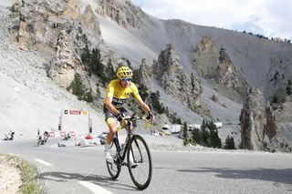 Chris Froome briefly distances Rigoberto Uran and Romain Bardet on a descent near the end of stage 18 at the Tour de France