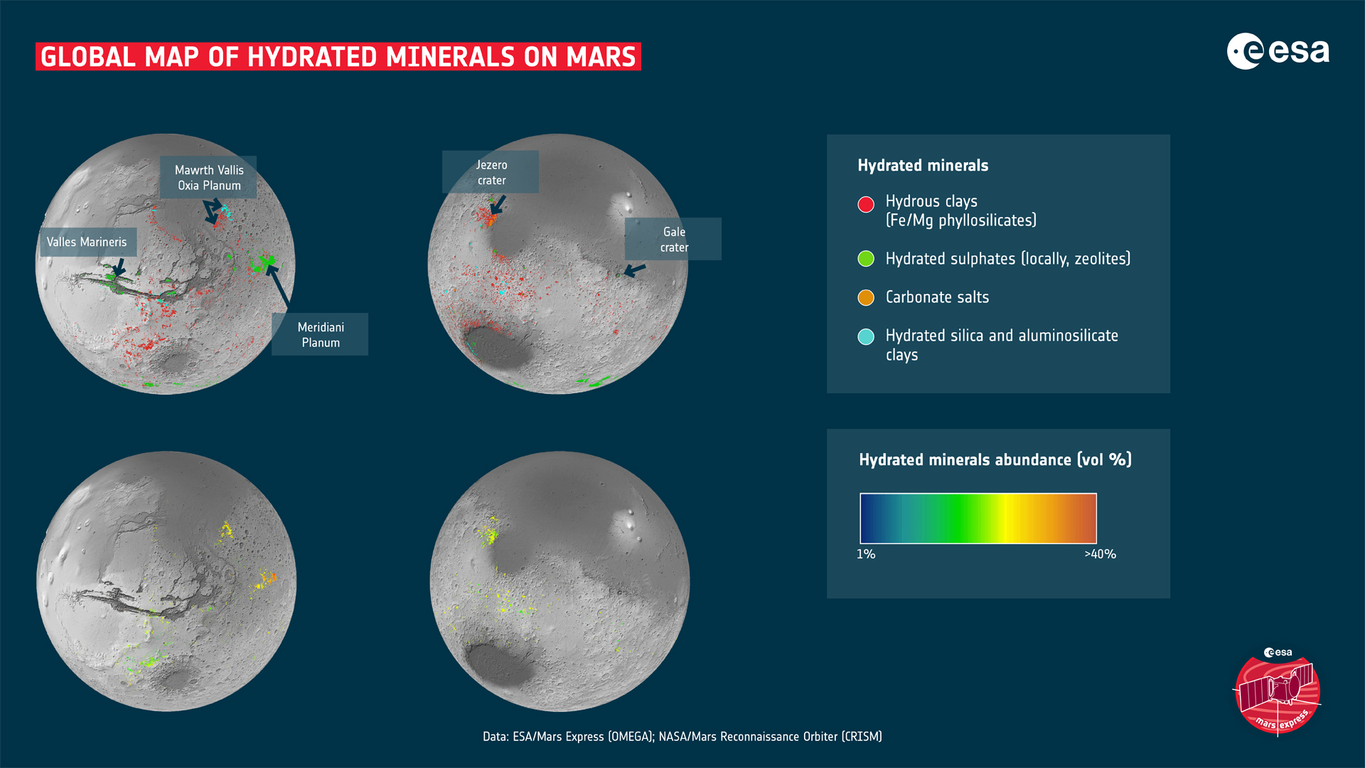Data from two Mars missions have been used to create the first detailed global map of hydrated mineral deposits on Mars.