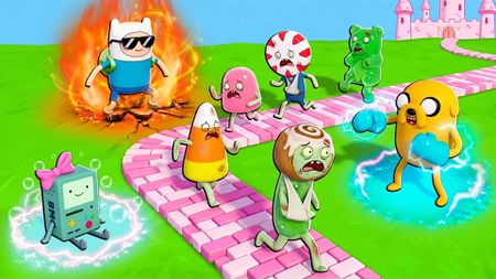 Press shot for Candy Kingdom Defense codes showing various candy characters running in fear from Finn, Jake, and BMO