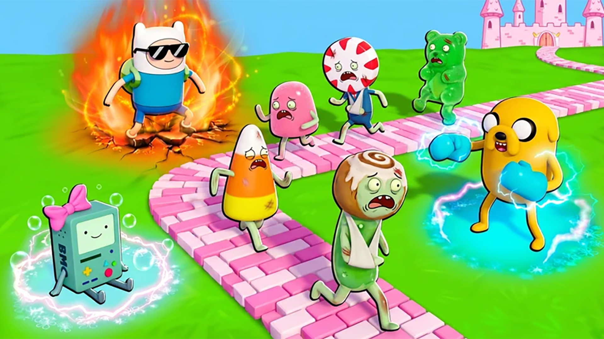 Press shot for Candy Kingdom Defense codes showing various candy characters running in fear from Finn, Jake, and BMO