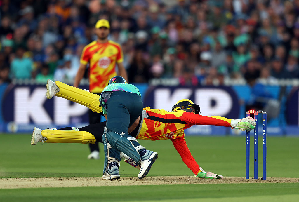 Ben Cox of Trent Rockets runs out Tom Curran of Oval Invincibles during The Hundred Final match between Oval Invincibles Men and Trent Rockets Men at Lord's Cricket Ground on August 31, 2025 in London, England.