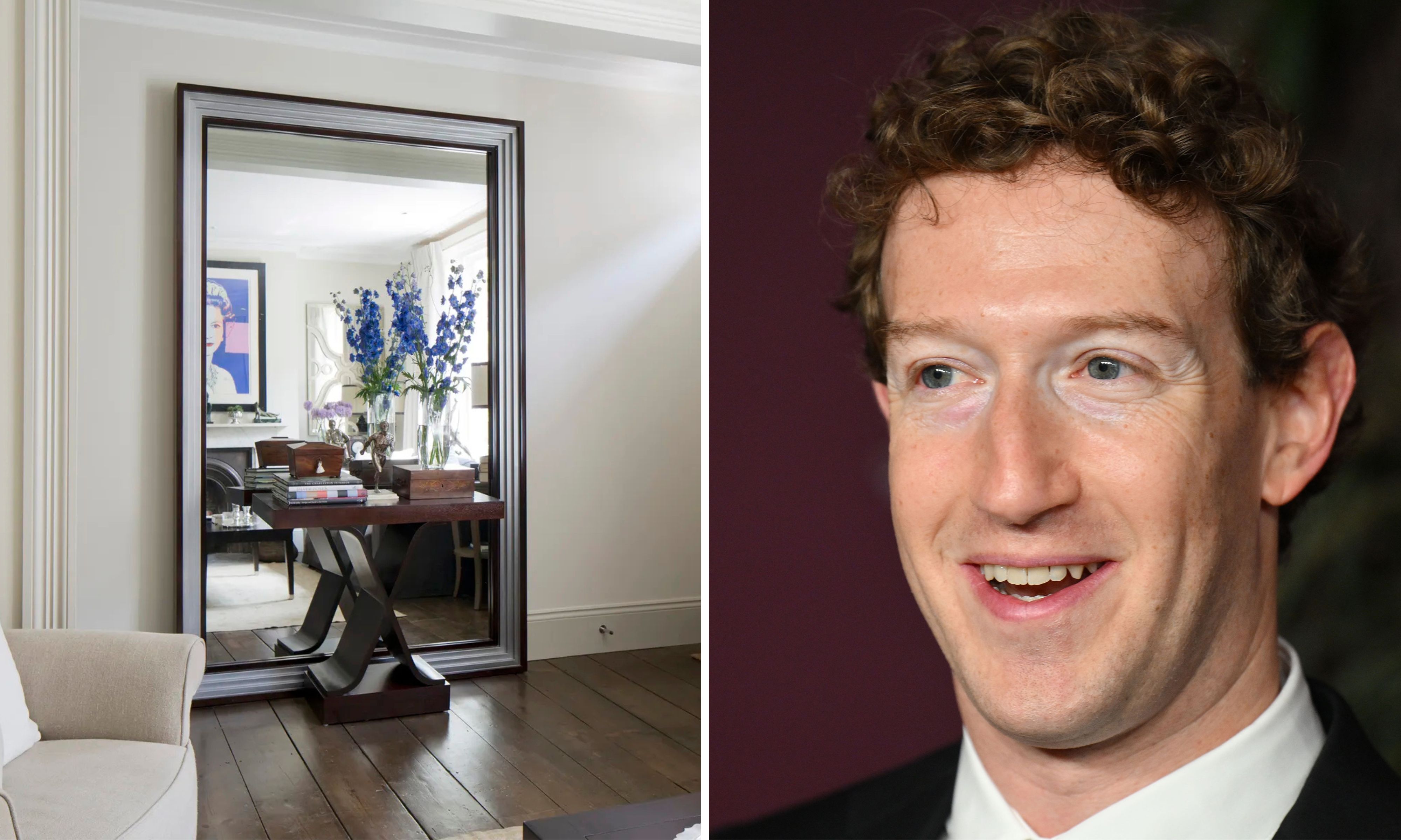 This composite image features two distinct scenes side-by-side: on the left, an elegant interior displays a large, floor-standing mirror reflecting a sophisticated room with a wooden console table, blue flowers, and a pop-art portrait; on the right, a close-up portrait shows Mark Zuckerberg smiling with a dark suit and white shirt against a deep maroon background. The contrast pairs a modern, curated living space with a well-known figure in the tech industry, creating a visual study in both professional identity and high-end aesthetic.