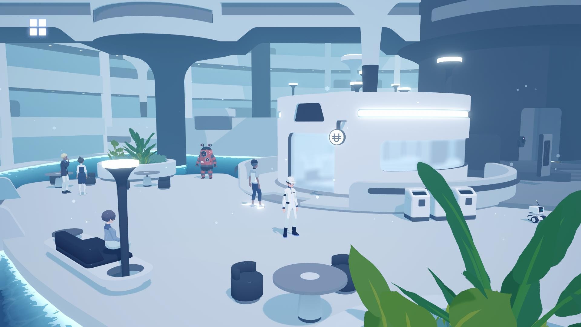 The Facilitator wanders around a plaza with fountains in D-topia
