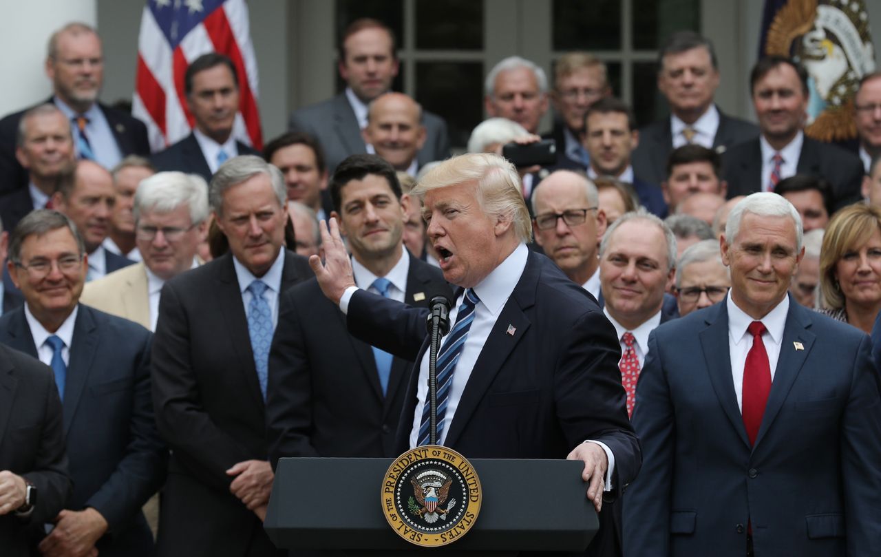 President Trump acknowledges House Freedom Caucus leader Rep. Mark Meadows after the May health-care vote in the House.