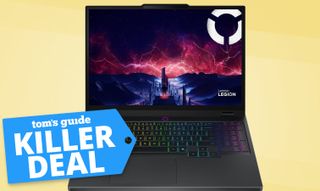 Lenovo Legion 5 laptop with killer deal tag superimposed