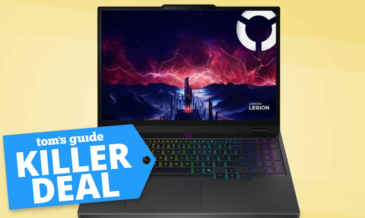 Lenovo Legion 5 laptop with killer deal tag superimposed